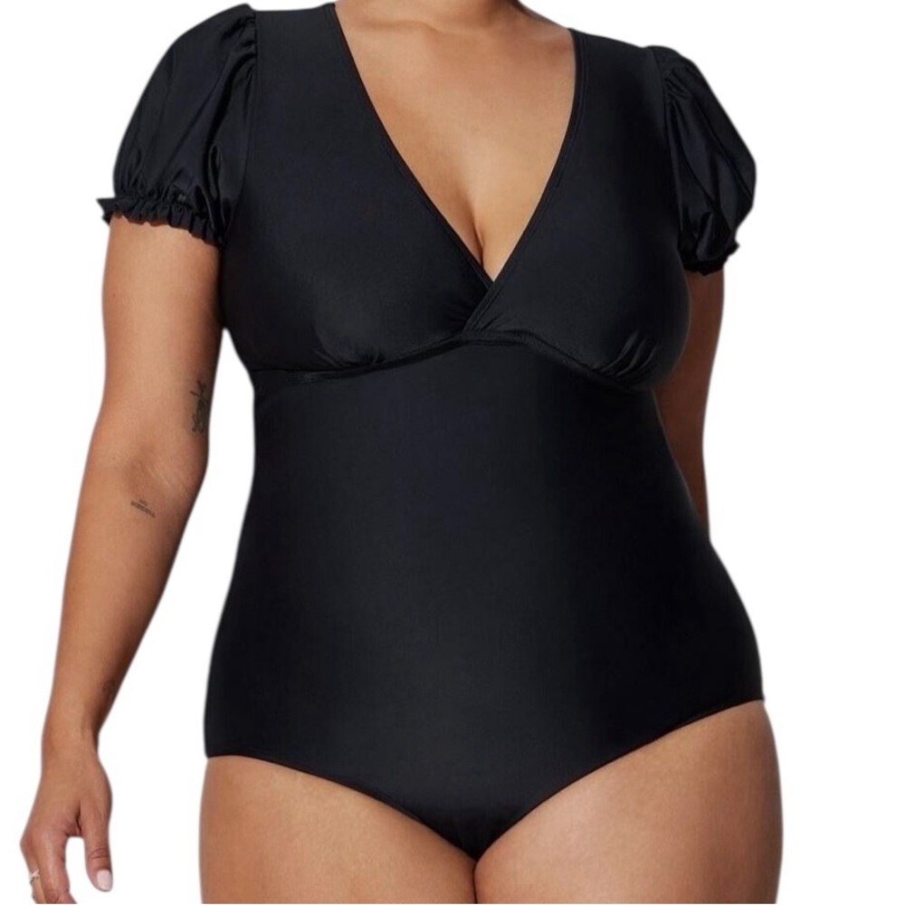 Torrid Black Retro Wireless Puff Sleeve One Piece Swimsuit 3X NEW